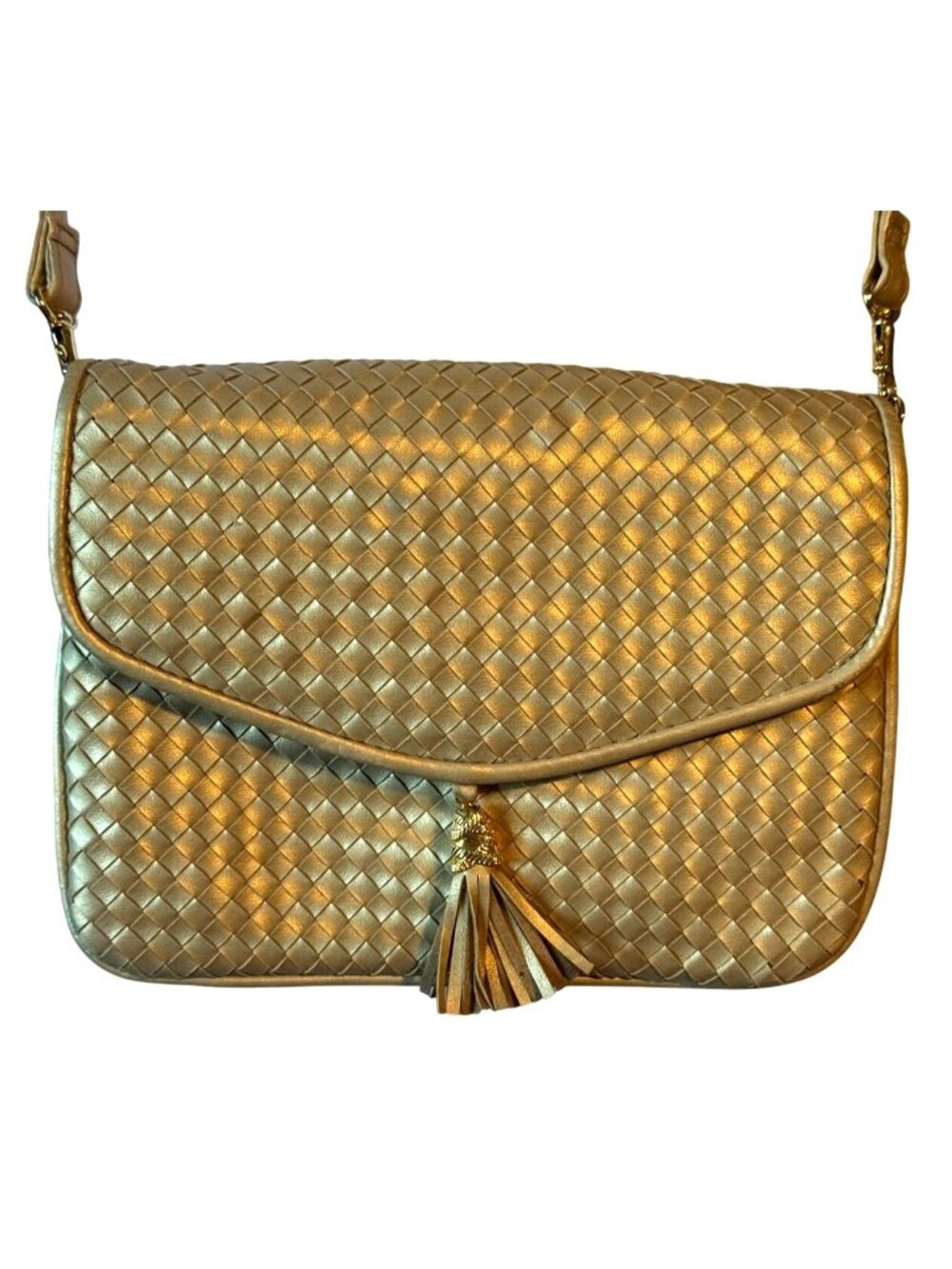 Vintage Gold Woven Bag With Tassel Accent & Removable Strap